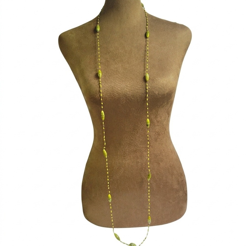 Vintage Long Yellow and  Green Glass Bead Station Chain Necklace 58"